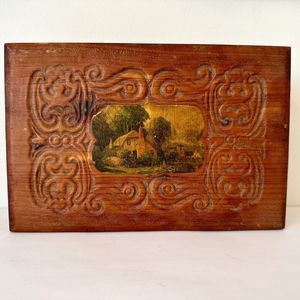 Vintage‎ Carved Wood Jewelry Footed Box Scene Picture Hinged Lid